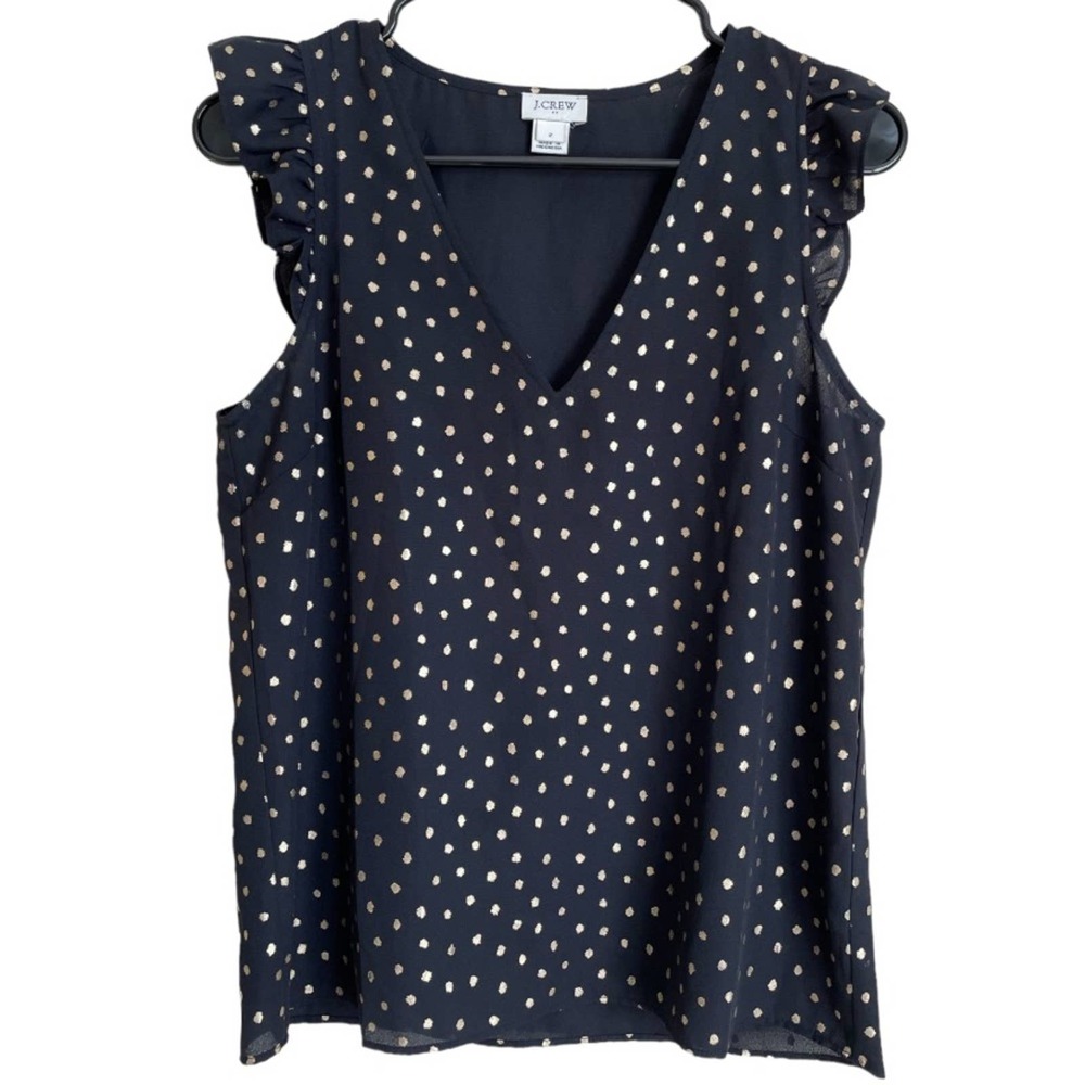 J. CREW Ruffle Top Black with Gold Polka Dots Size 2